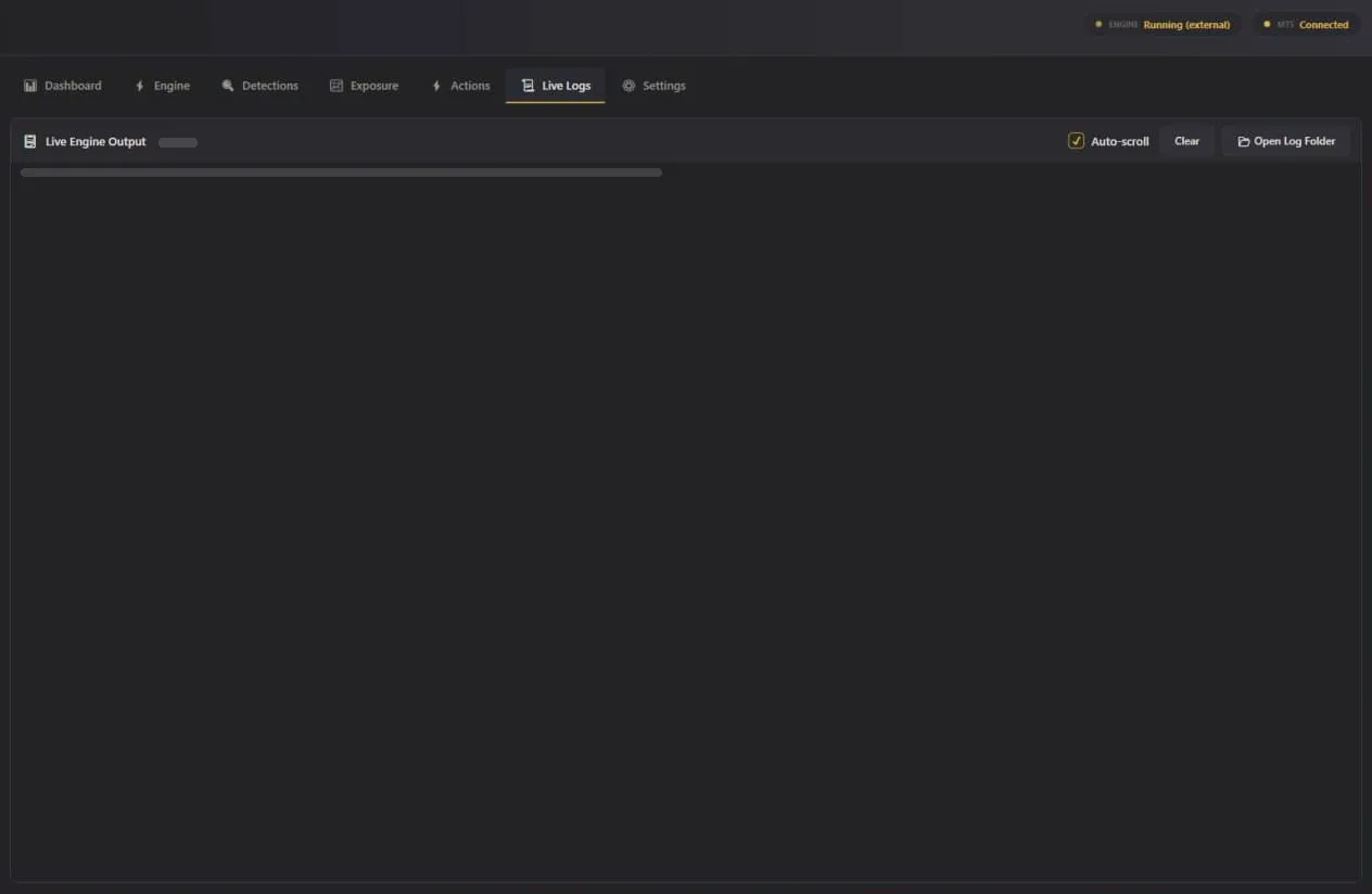 Live log viewer of a trading monitoring desktop application, with its content masked.