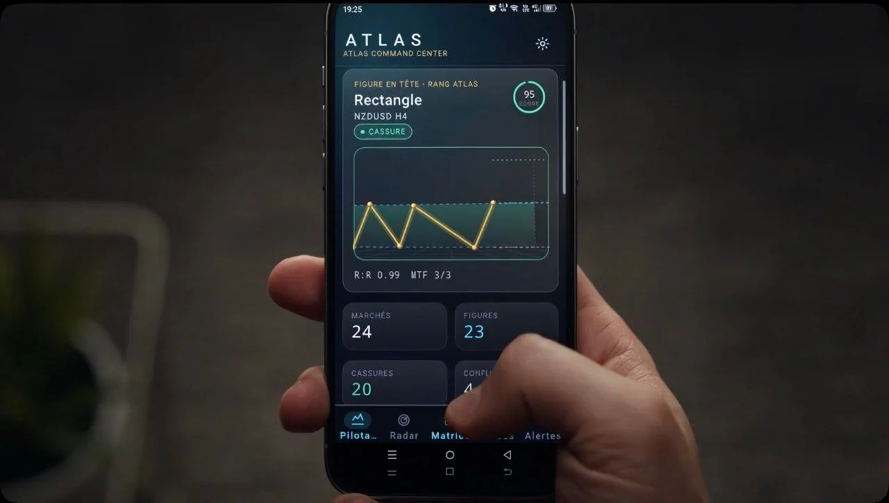 A hand holding a phone running ATLAS Mobile. The command center shows the top-ranked pattern, a rectangle on NZDUSD H4 that has broken out, with a score of 95, above tiles counting the markets, patterns and breakouts followed.