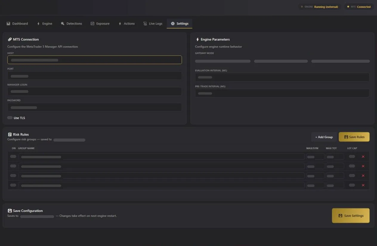 Settings screen of a trading monitoring desktop application: a connection form, engine parameters and an editable table of rules by group. Identifiers, connection details and rule values are masked.
