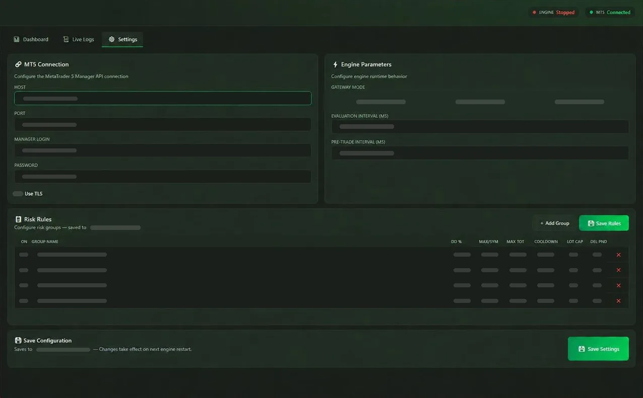 Settings screen of a risk supervision desktop application: a connection form, engine parameters and an editable table of risk rules by group. Status indicators are visible; identifiers, connection details and rule values are masked.
